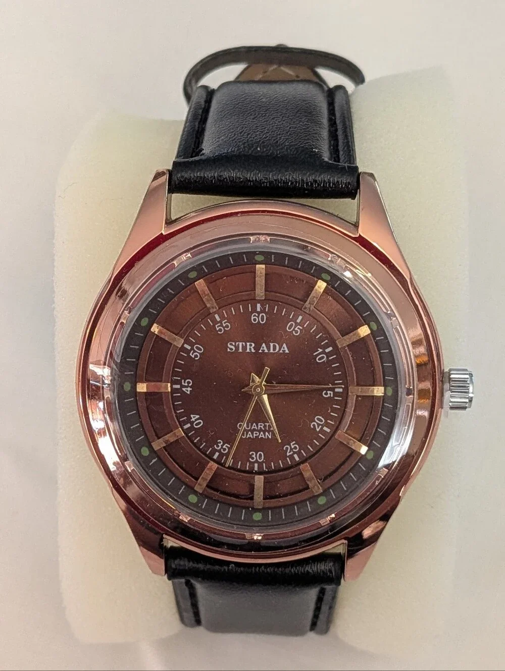 Strada Unisex Watch Brown Dial Rose Gold Case and Black Faux Leather Strap (New)